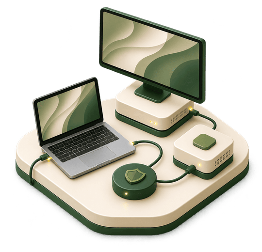 A managed laptop, desktop workstation, and compact computer connected through a protected Nexus endpoint