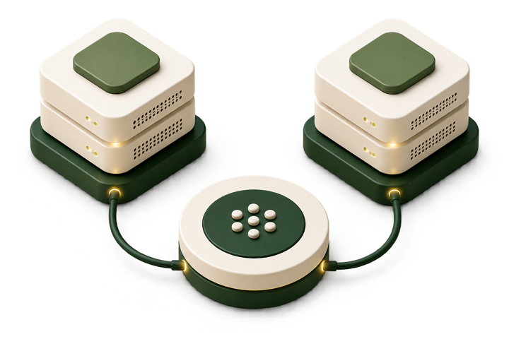 Two private inference server stacks connected to a Nexus routing node