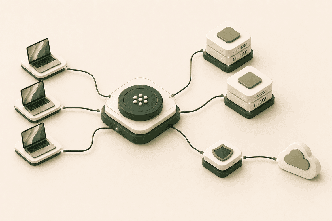 Msty Nexus connecting employee devices and private inference infrastructure directly to Nexus, with optional cloud access behind a separate security gateway