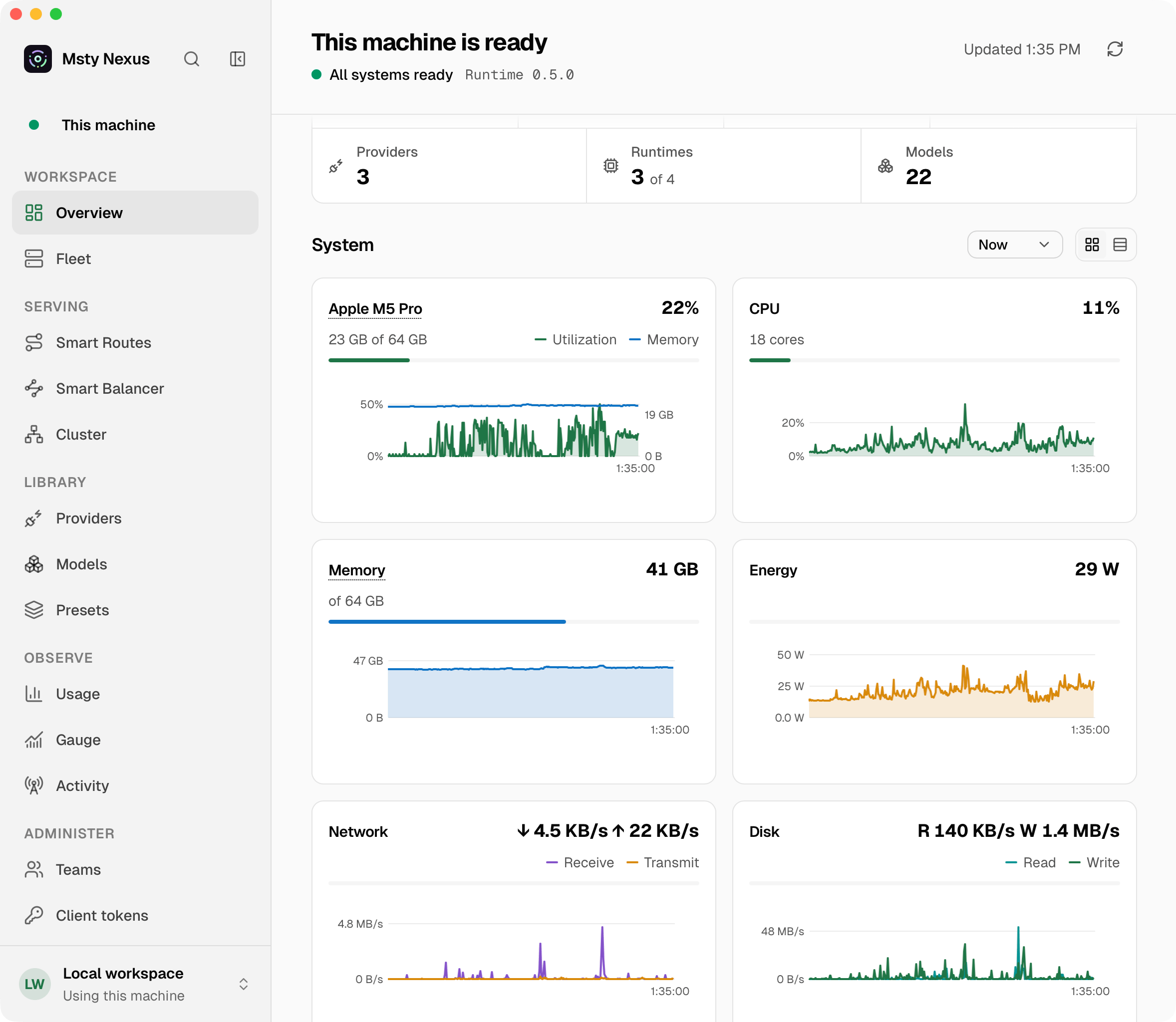 Msty Nexus machine dashboard showing providers, runtimes, models, system metrics, and local inference status